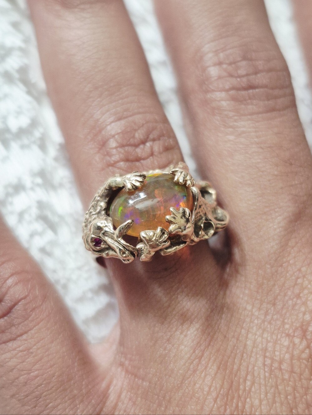 Estate 14k Yellow Gold Gator Opal & Ruby Ring